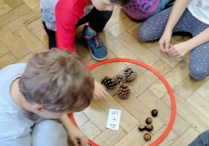 Uczniowie układają działania matematyczne na szyszkach i kasztanach