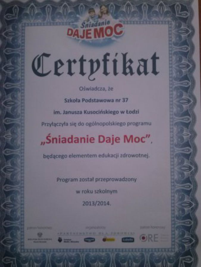 Certyfikat udziału w ogólnopolskim projekcie "Śniadanie Daje Moc".