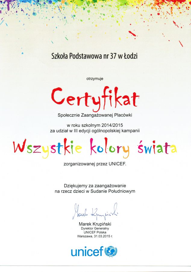 Certyfikat udziału w kampanii "Wszystkie kolory świata".