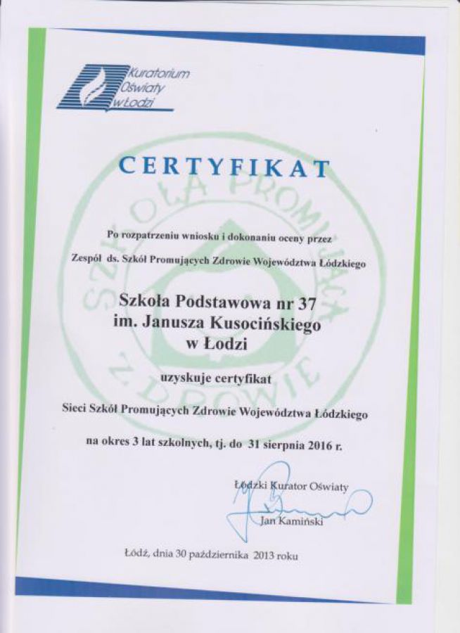 Certyfikat "Szkoła Promująca Zdrowie".