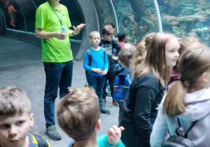 Grupa dzieci z przewodnikiem w Orientarium w tunelu wodnym